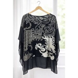 Travelers By Chicos Slinky Knit Popover Kimono Top Blouse XL 3 Flowy Black Cream